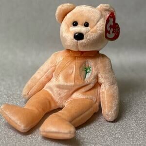 TY Beanie Baby “Dearest” Bear – Peach Plush w/Flower (Hang Tag Attached!)